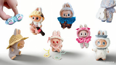 Set of eight adorable Lab dolls, cute crochet dolls and accessories including dolls, hats, bibs, shoes and bags with soft shadows on white background.