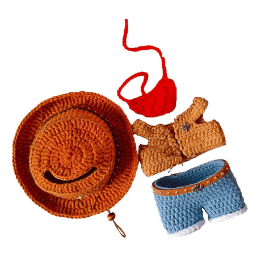 Crocheted hat, shorts, and accessories on a white background