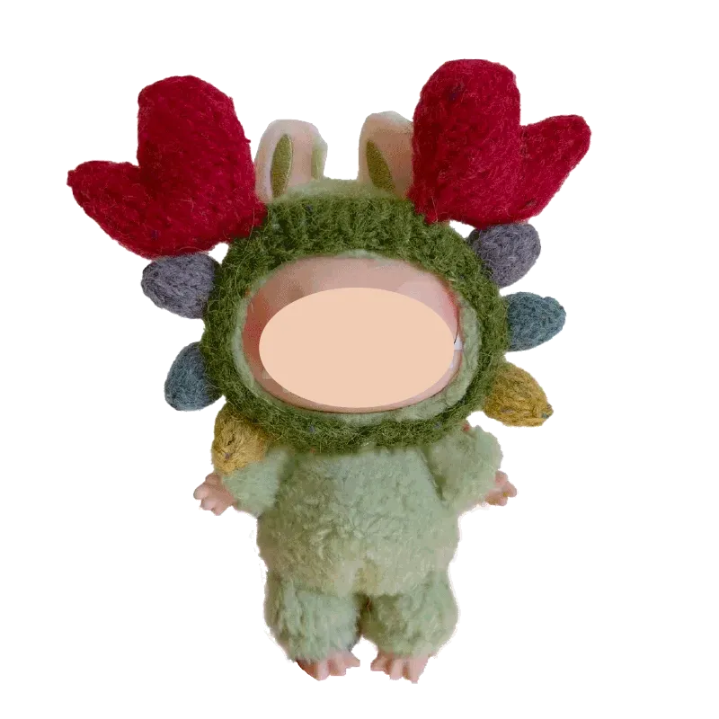 17cm crab flower knitted plush tutorial showing a green plush figure with red crab claw details