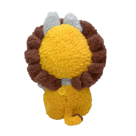 Plush toy resembling a lion with a yellow body and brown mane on a white background