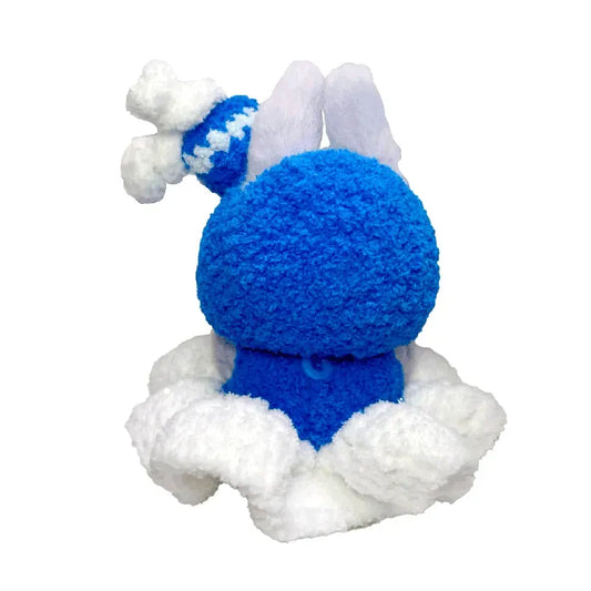 Blue and white plush toy on a white background