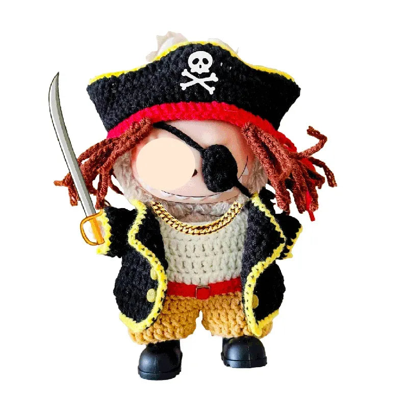 Crocheted pirate doll with a sword on a white background
