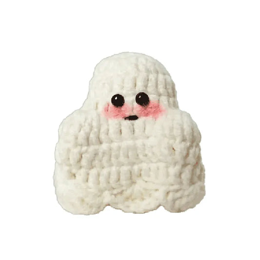 White knitted ghost toy with black eyes and pink blush on a white background