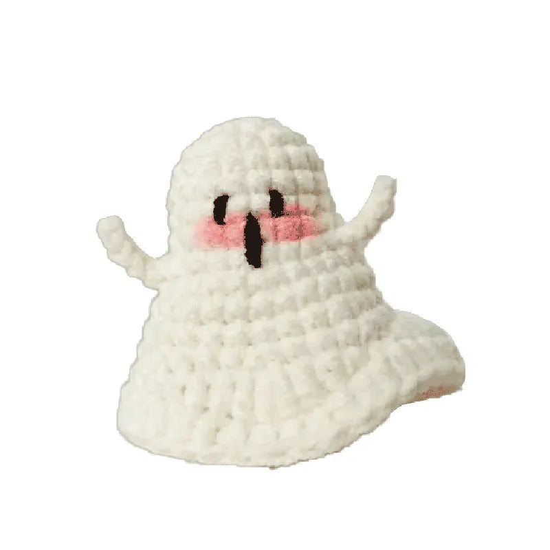 White ghost plush toy with pink blush and black eyes on a white background