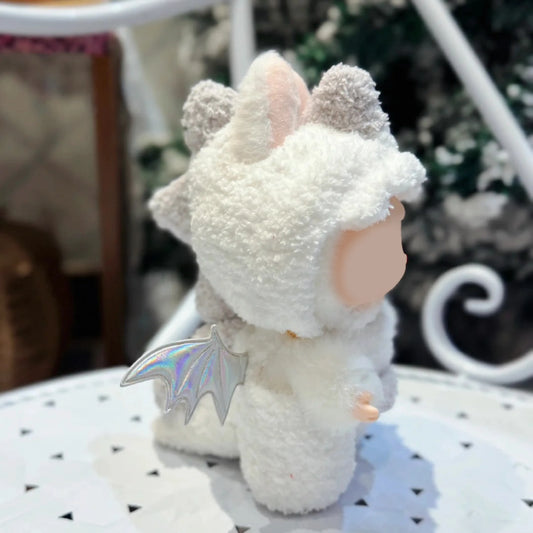 Handmade white plush doll wearing angel costume crochet pattern with soft wings and ears