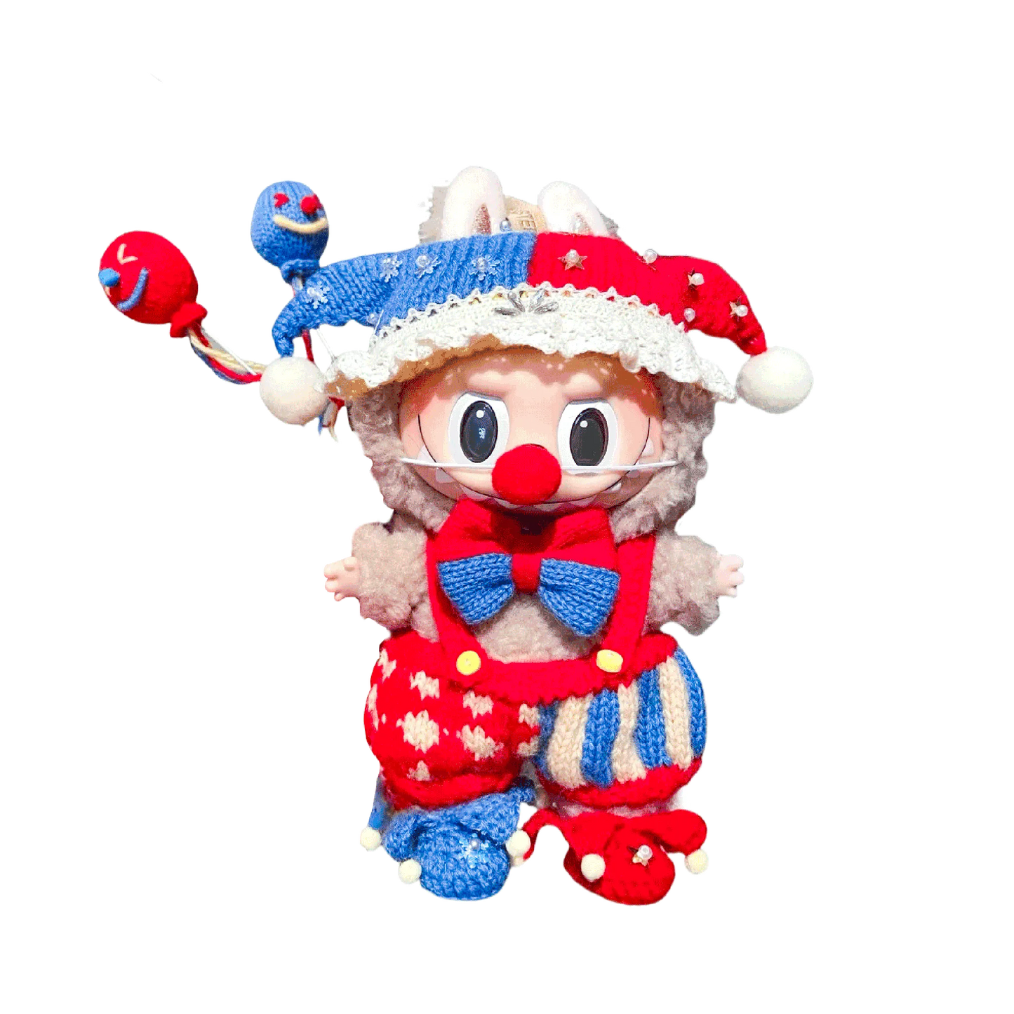 Colorful Circus Clown Crochet Pattern doll with red nose, blue and red jester hat, and patterned outfit