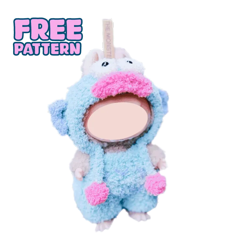 Free pattern advertisement featuring a plush doll in a blue and pink crochet fish costume clown fish crochet pattern