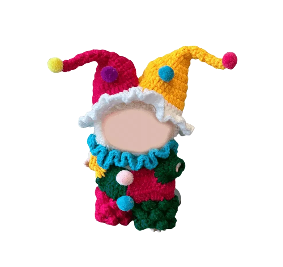 Colorful crochet clown outfit pattern by Redbook featuring vibrant colors and playful pom poms
