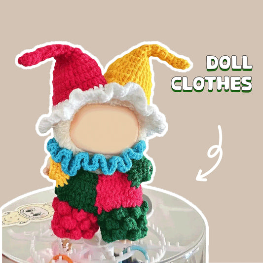 Crochet clown outfit pattern designed for dolls featuring colorful costume and playful design