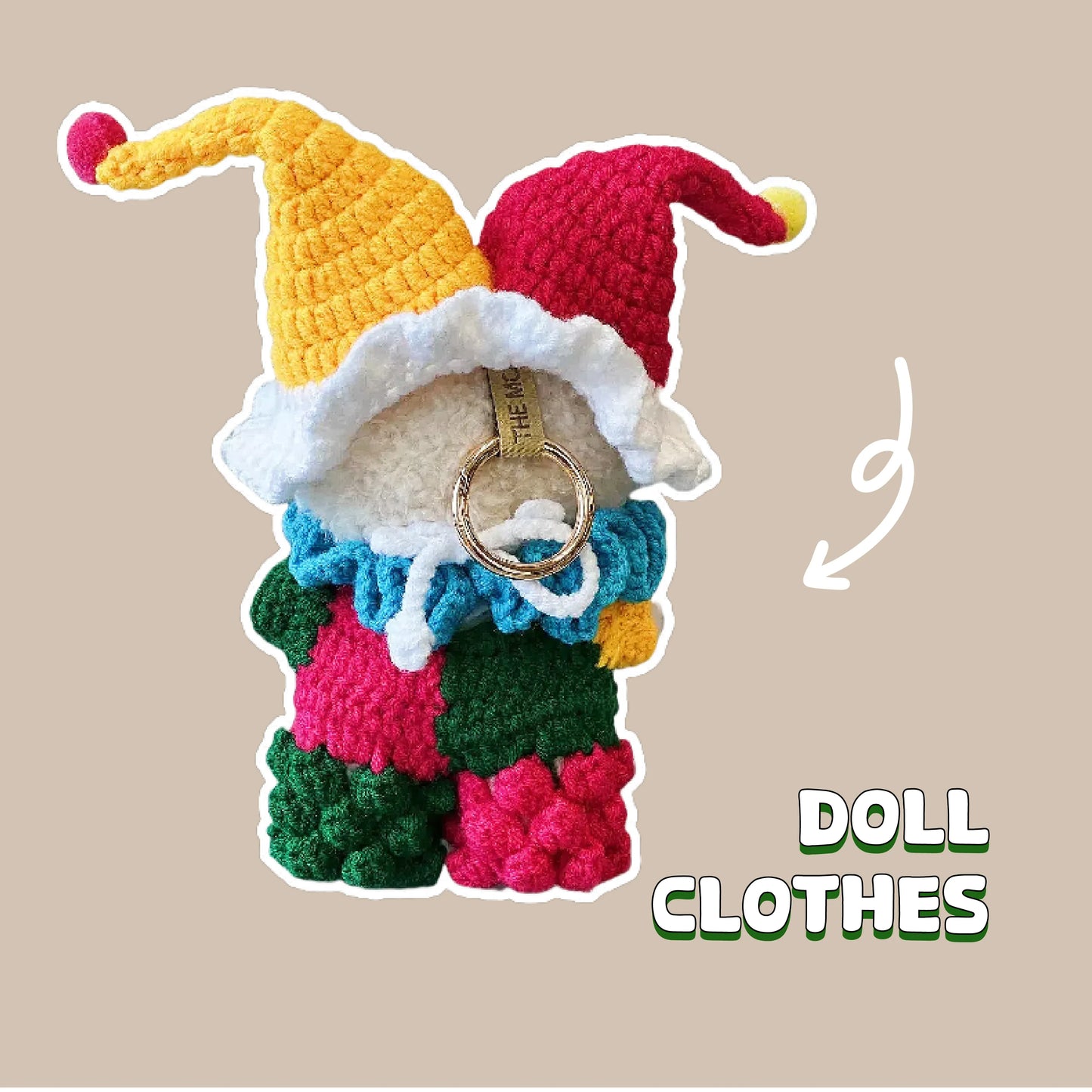 Crochet clown outfit pattern for doll clothes featuring bright colors and playful design