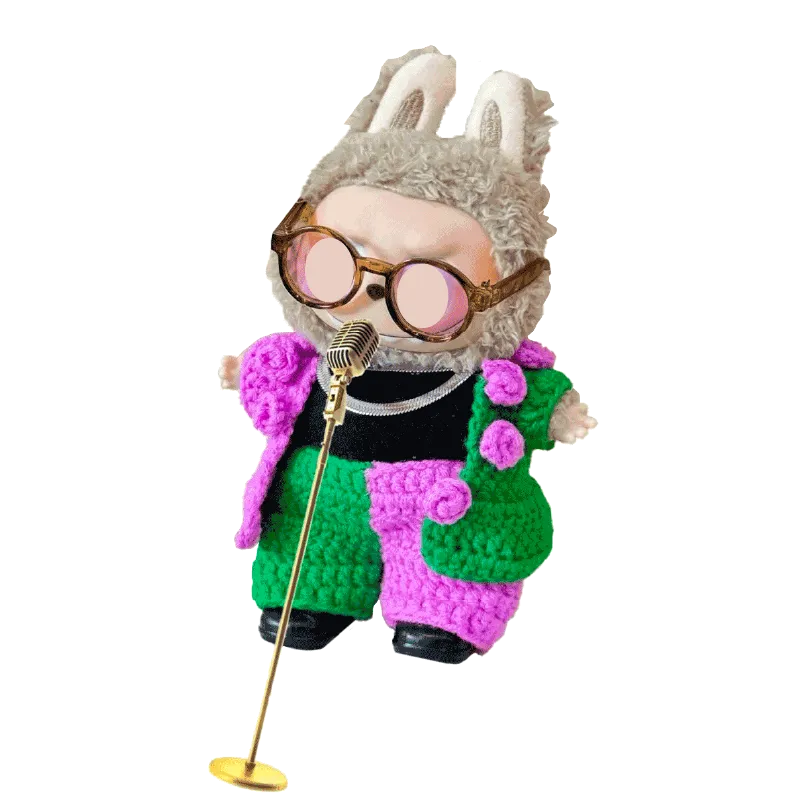 Crochet concert doll outfit pattern featuring a colorful green and pink textured suit with bunny ear hat and sunglasses