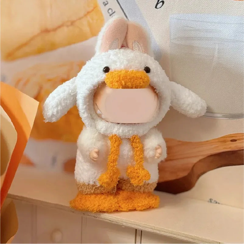 Adorable handmade crochet duck doll wearing a white hoodie with orange beak and feet crochet duck doll pattern