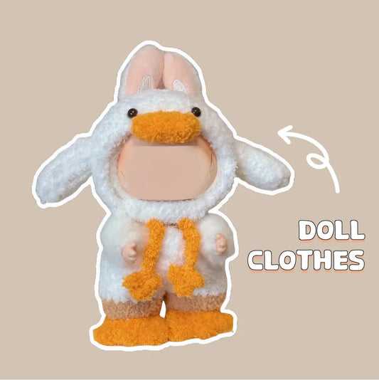 Crochet duck doll pattern featuring a white and orange duck costume for doll clothes