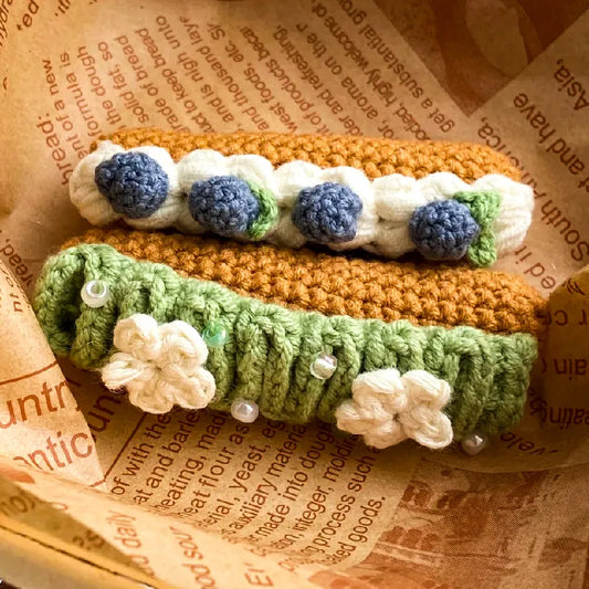 Beginner Kit from The Knit Krazy featuring crochet eclair pattern with colorful blueberries and flower decorations