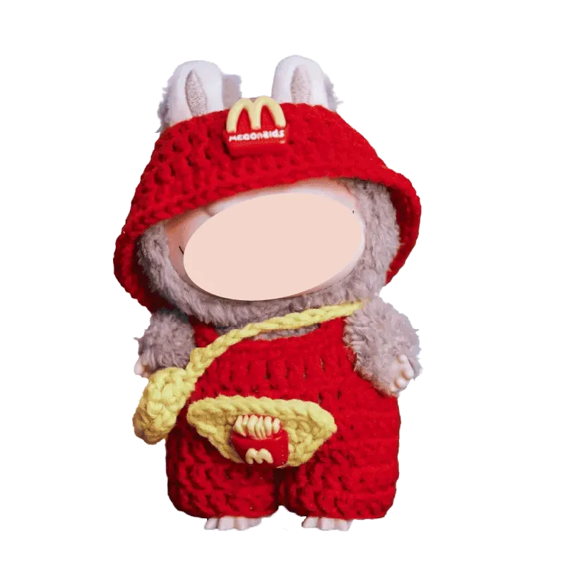 Cute doll wearing crochet fast food doll outfit pattern with blue cape and bunny hood