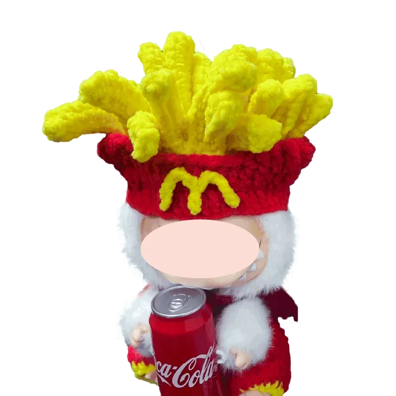 Crochet French fries doll outfit pattern with yellow fries details on soft gray doll body free pattern by redbook