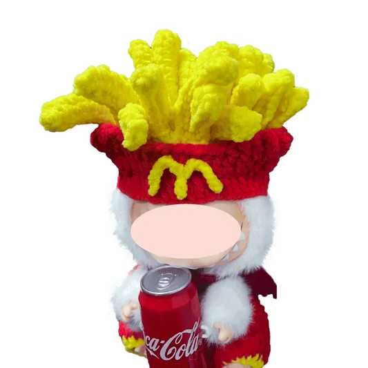 Crochet French fries doll outfit pattern with yellow fries details on soft gray doll body free pattern by redbook