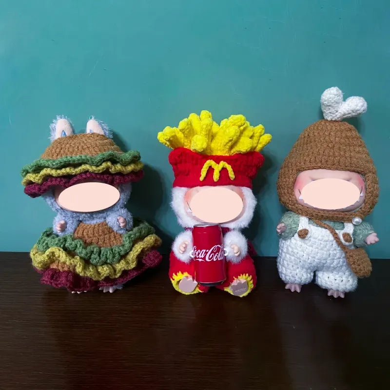 Plush bunny doll wearing a yellow woven hat as part of crochet French fries doll outfit pattern