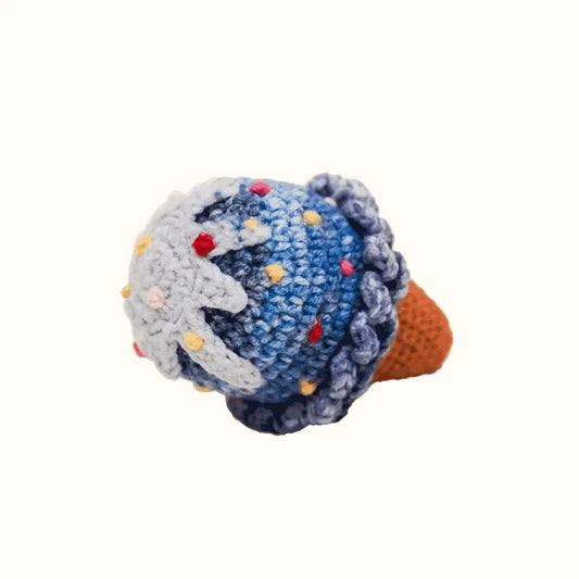 Crochet ice cream cone pattern with blue scoop and colorful sprinkles handmade by The Knit Krazy