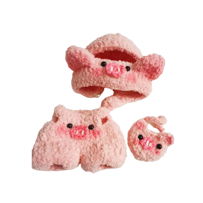 Pink crochet piggy doll outfit pattern including hat with ears shorts and matching accessory by redbook