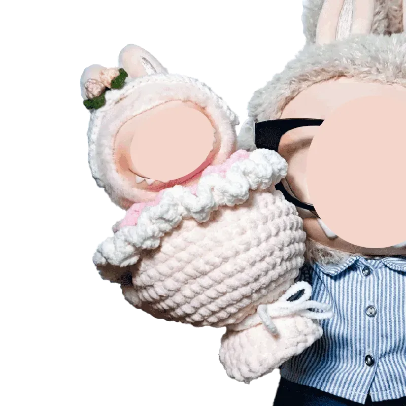 Handmade crochet tiger costume on doll showcasing digital crochet bouquet pattern for creative projects