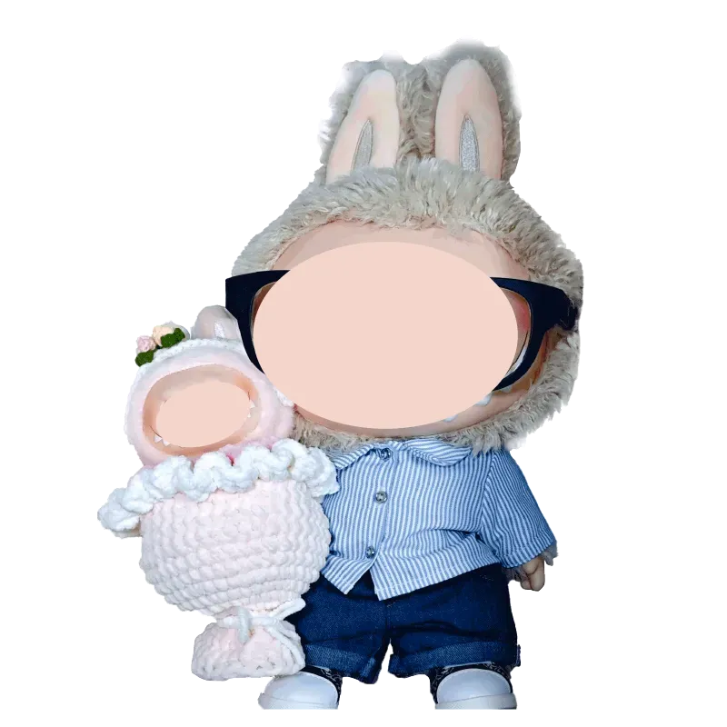 Digital crochet bouquet pattern featuring a crocheted doll holding a pink flower bouquet and wearing bunny ears