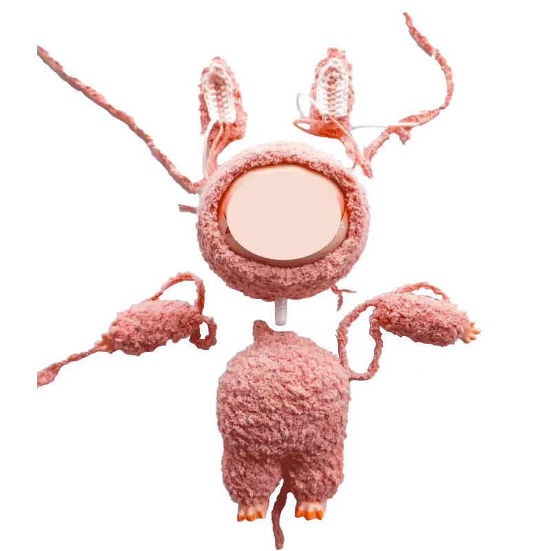 Digital crochet pattern for 17cm dolls featuring a pink textured bunny costume with ears and mittens