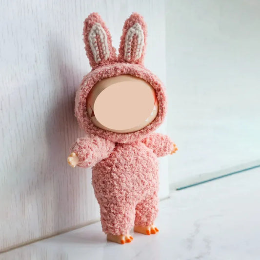 Digital crochet pattern for 17cm dolls featuring a pink bunny costume with ears and textured design