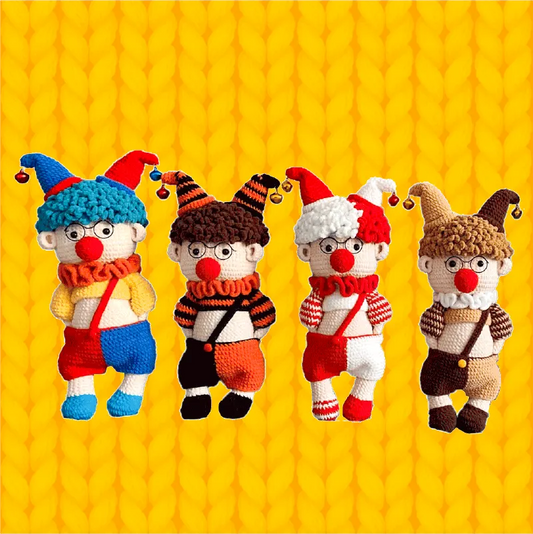 Colorful handmade crocheted clown dolls displayed in a row DIY amigurumi clown tutorial by Redbook