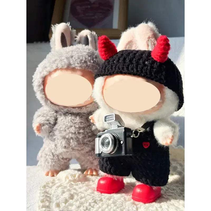 Cute handmade dolls with crocheted outfits including a DIY crochet devil costume with red horns and black outfit