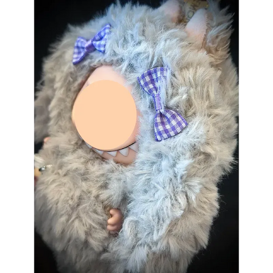 Fluffy bunny crochet pattern digital featuring a gray bunny costume with a large pink bow and matching mittens