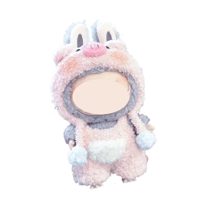 Free-17cm collectible doll clothes crochet pink bunny outfit with hood and pom-poms