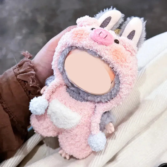 Free-17cm collectible doll clothes crochet pink and gray bunny costume with pom-poms held in hand