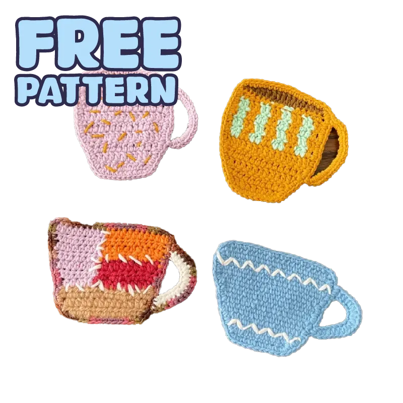 FREE|beginner crochet cup coaster set featuring colorful handmade crochet cup-shaped coasters on black background