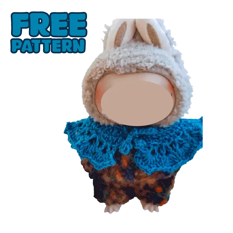 Plush doll wearing a blue crochet collar and a fluffy bunny hat with FREE|crochet collar and hat pattern for plush dolls