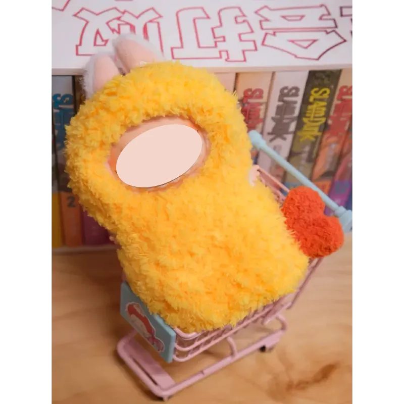 Crochet fried shrimp plush toy with fluffy yellow texture and small shopping cart showing FREE crochet fried shrimp plush pattern