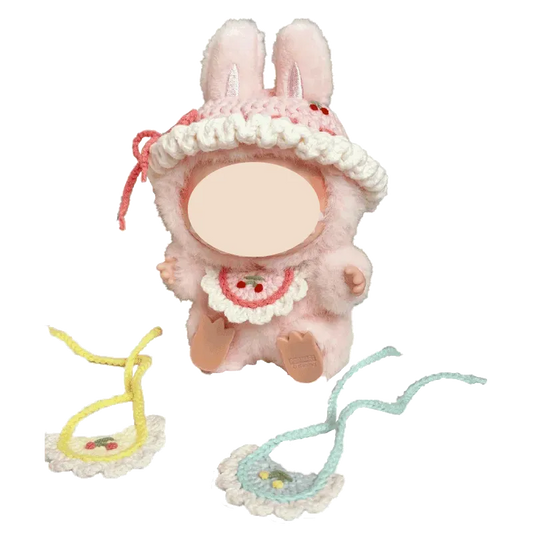 White knitted round collar with pearl buttons on red background FREE|plush toy hat and bib crochet tutorial