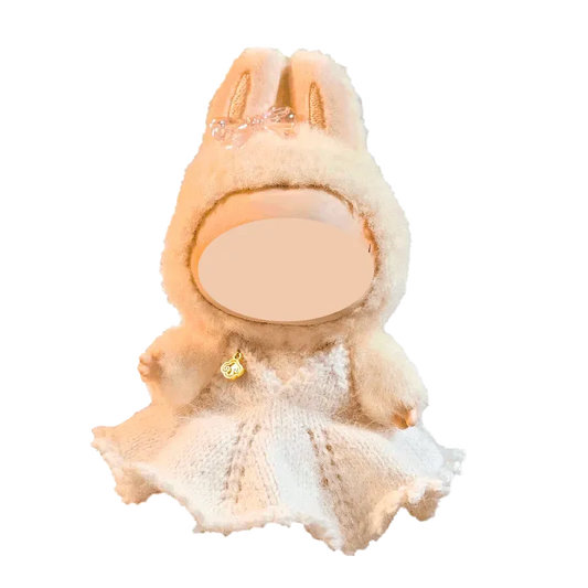 Digital download doll dress pattern featuring a cute knitted white dress with bunny hood and pink bow accents