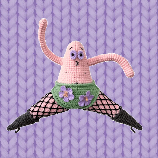 Funny amigurumi crochet pattern of a pink character wearing fishnet stockings and green floral shorts on purple knit background