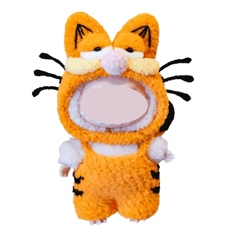Garfield-inspired crochet pattern for dolls showing an orange cat costume with ears and whiskers