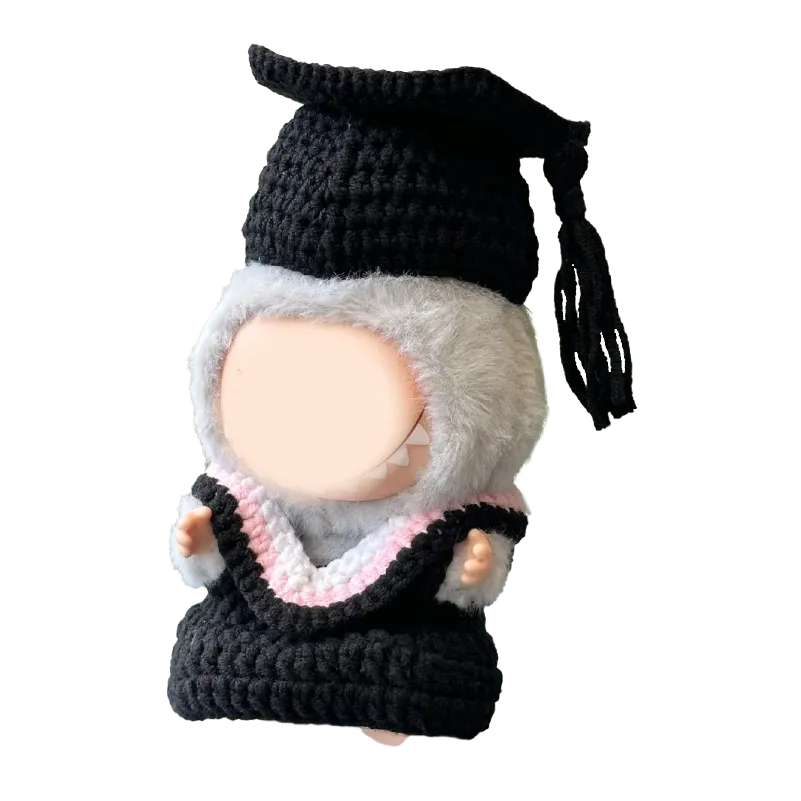 Handmade graduation doll crochet pattern featuring a cute figure in black cap and gown with pink and white details