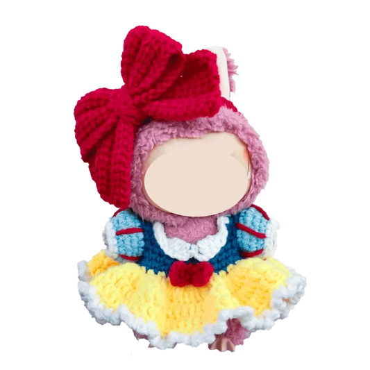 Crocheted doll outfit featuring a large red bow and colorful dress for a 17cm collectible doll clothes pattern