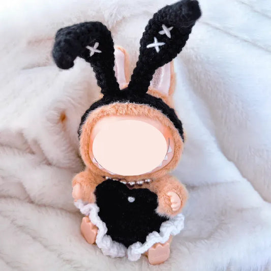 Bunny girl crochet doll outfit pattern black bunny ears and heart dress on small doll