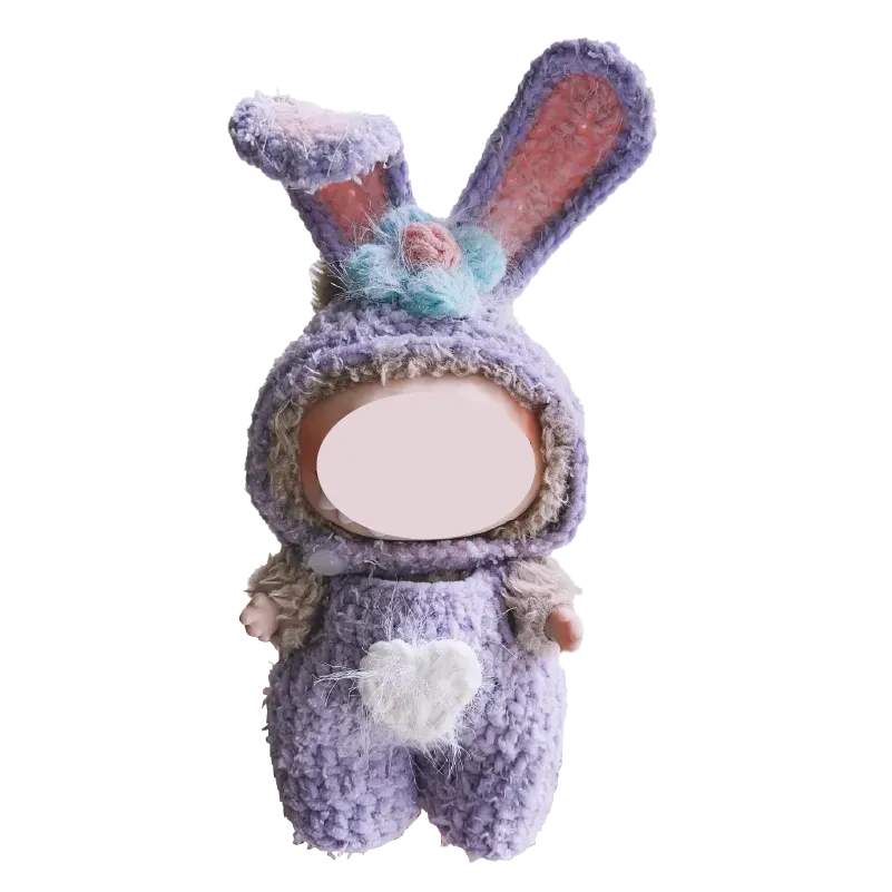 Collectible crochet dolls pattern for a handmade doll dressed in a purple bunny costume with floppy ears