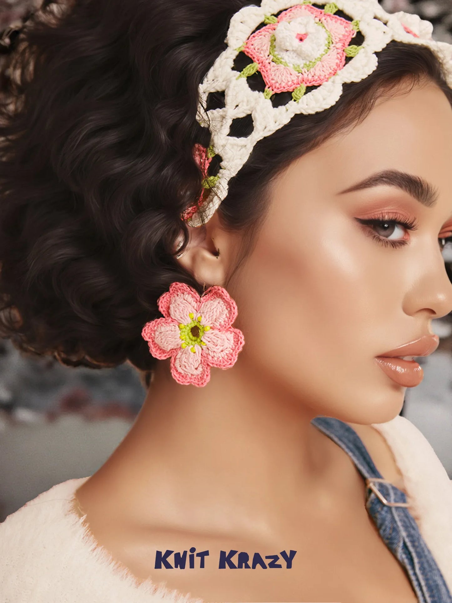 Handmade crochet earrings-Cherry pink flower design worn by woman with curly hair and crocheted headband