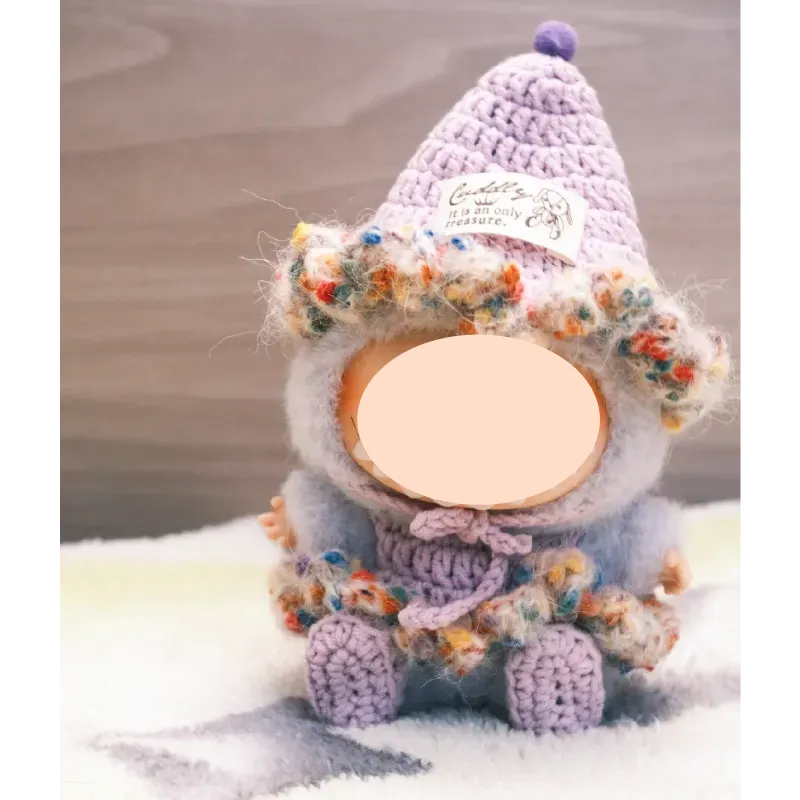 Cute crochet doll clothes outfit with purple hat and colorful fuzzy trim by The Knit Krazy