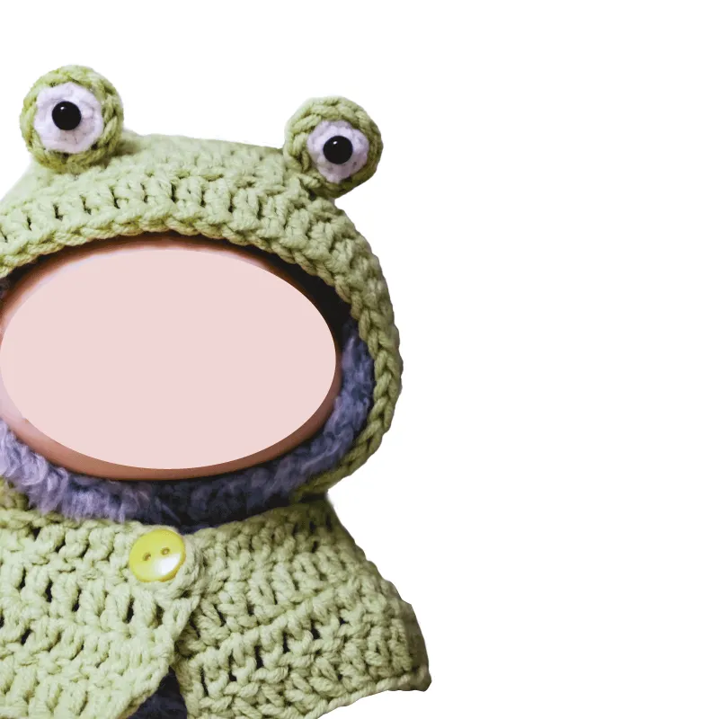Redbook frog knit doll outfit in light green with button closure and frog eyes on hood