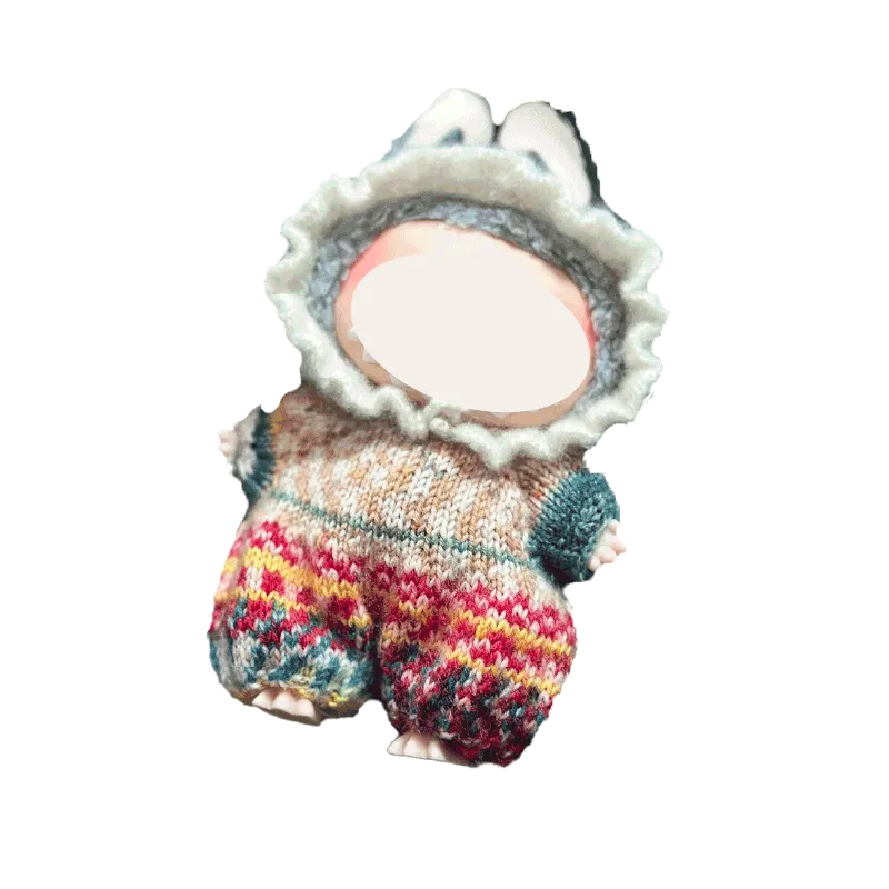 Colorful knitted doll romper with hood featuring bunny ears knitted doll romper pattern