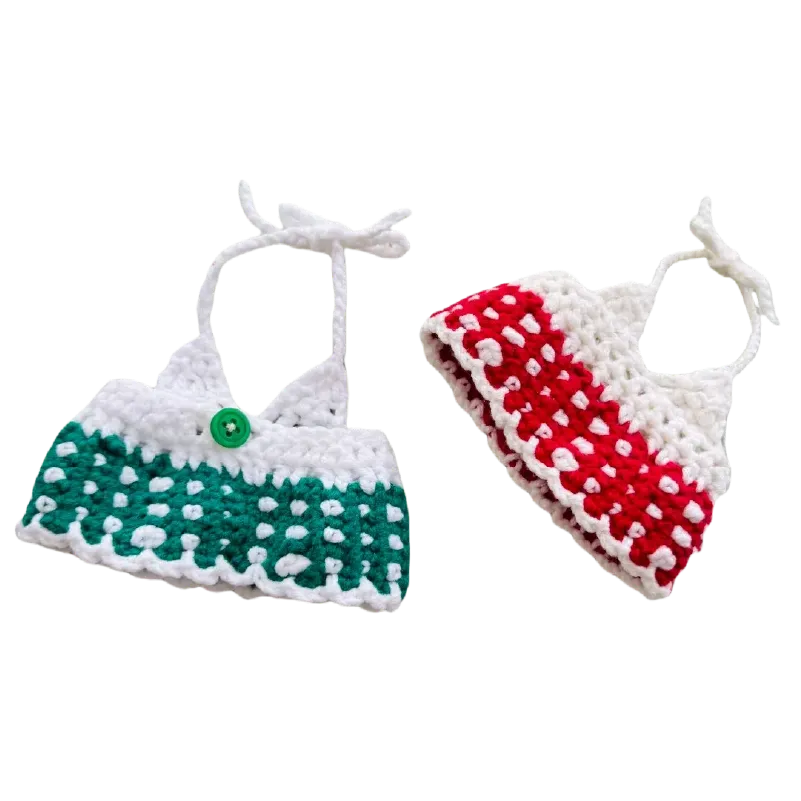 Handmade crochet sweetheart doll outfit pattern featuring two halter tops in red and green with white accents