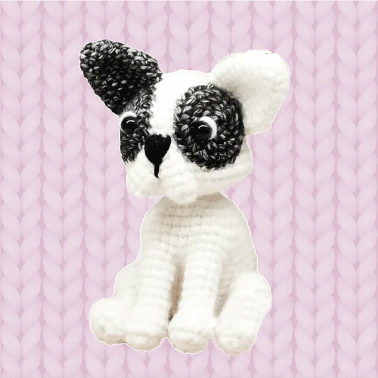 Handmade crochet French bulldog plush toy featuring crochet French bulldog pattern in white and black